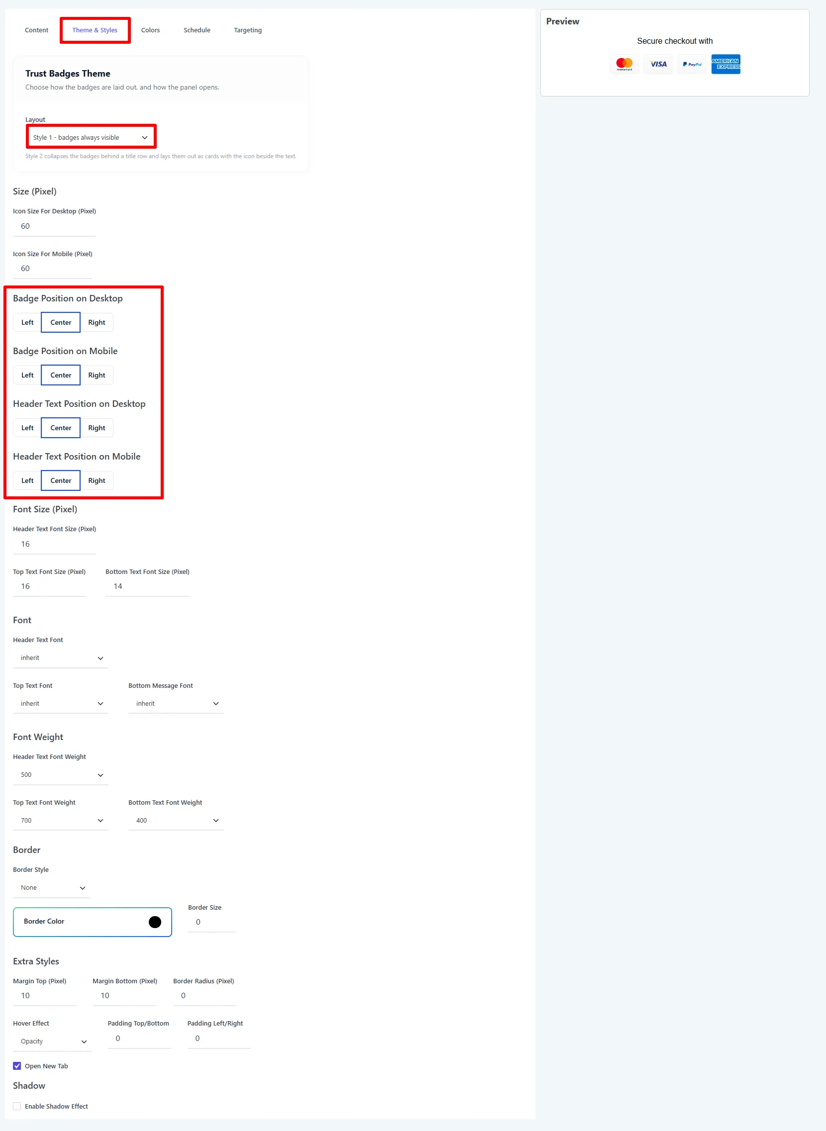 Theme &amp; Styles tab: layout, icon size, and badge/header positioning