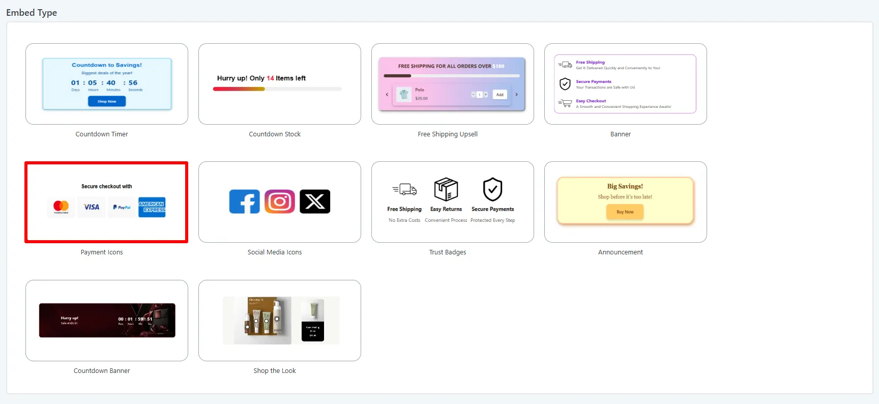 Embed Type gallery: the Payment Icons tile selected