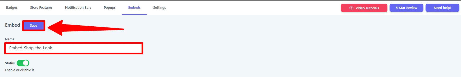 Embed name and the Save button