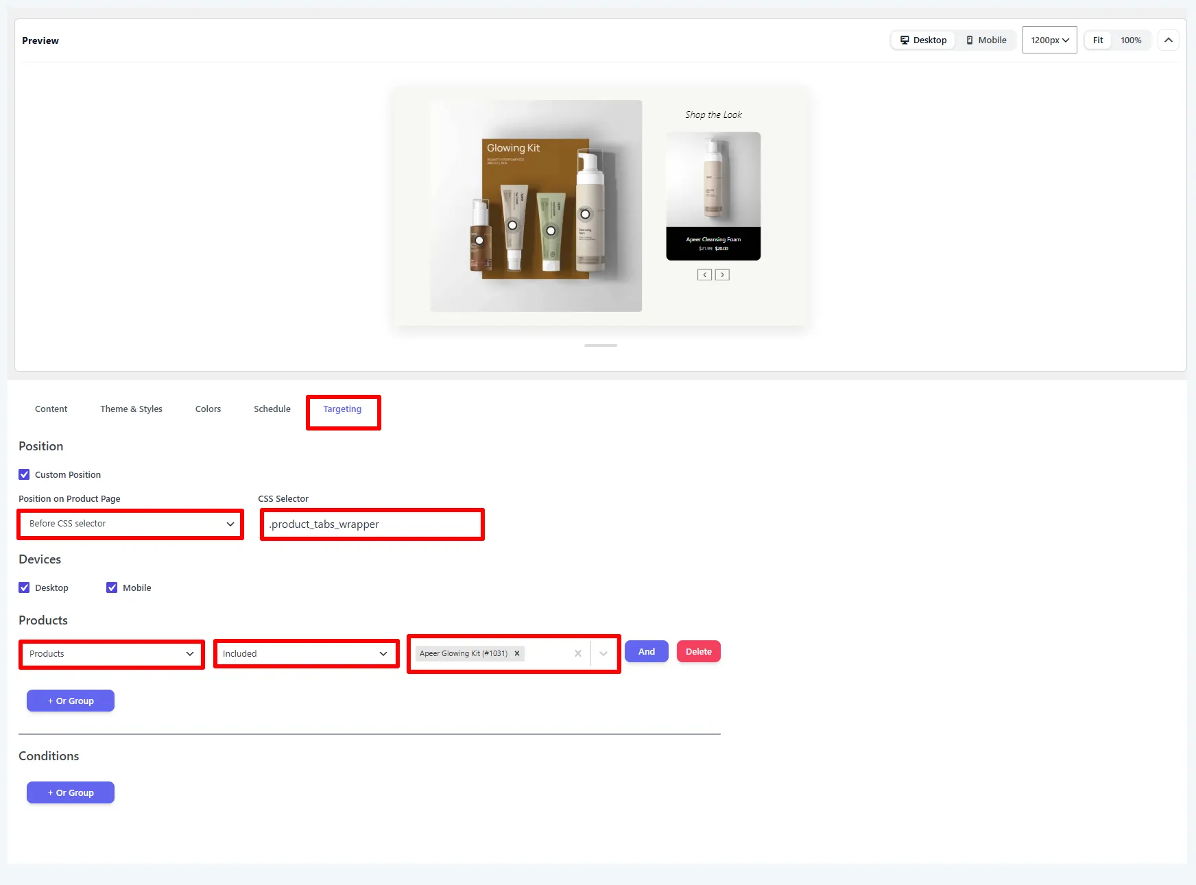 Targeting tab: Before .product_tabs_wrapper, targeted to the parent product