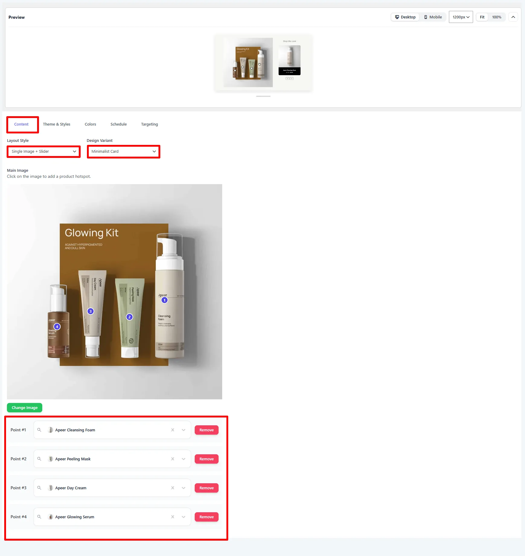 Content tab: layout, design variant, the hotspot image, and the points list