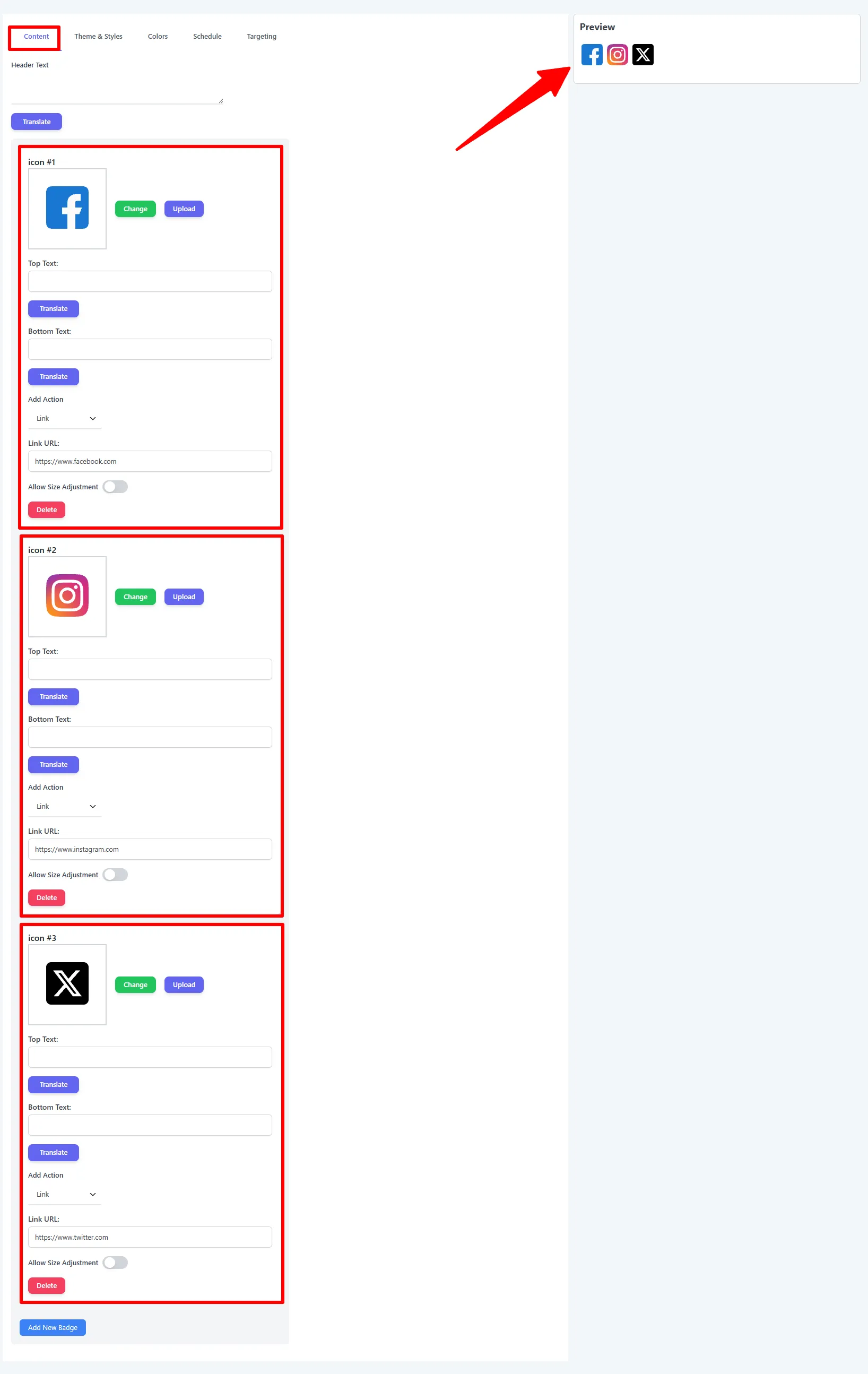 Content tab: Facebook, Instagram, and X icons each with a Link URL