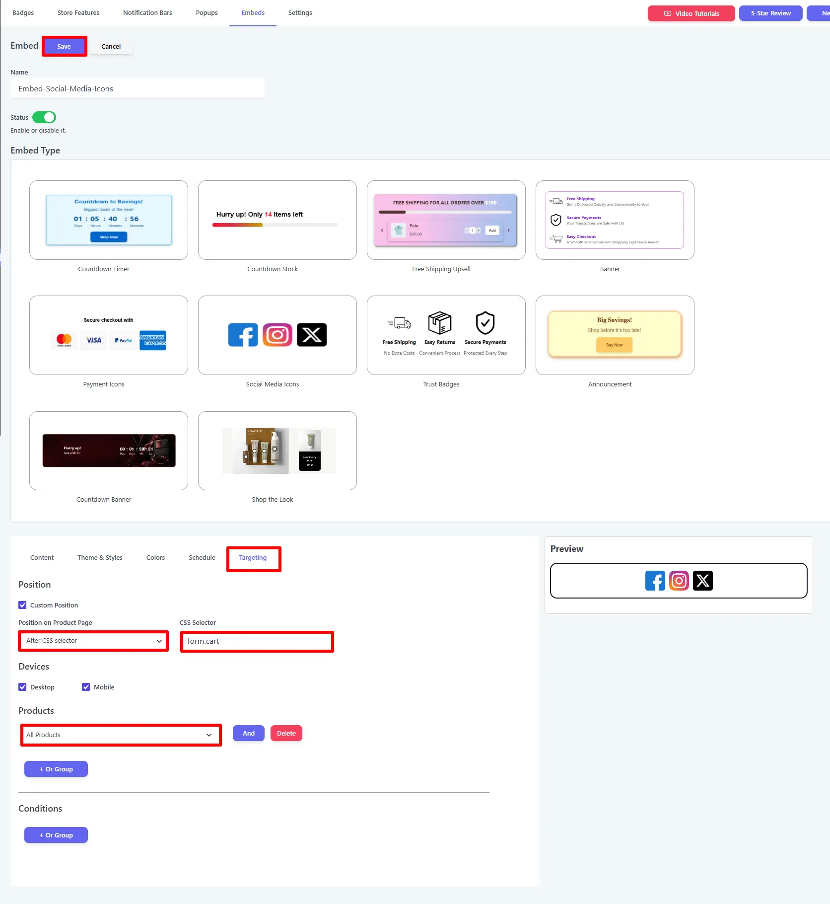 Targeting tab: Custom Position after form.cart, devices, and product rules