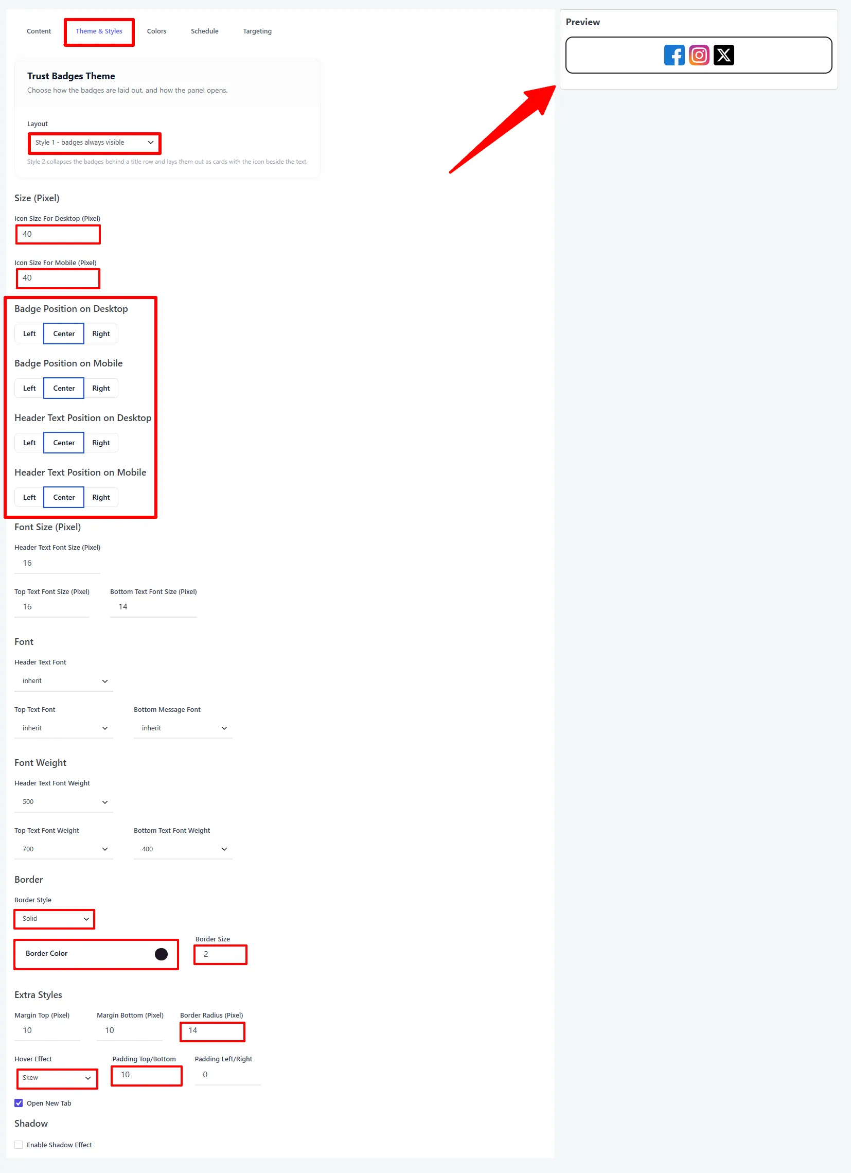 Theme &amp; Styles tab: icon size, border, radius, and hover effect