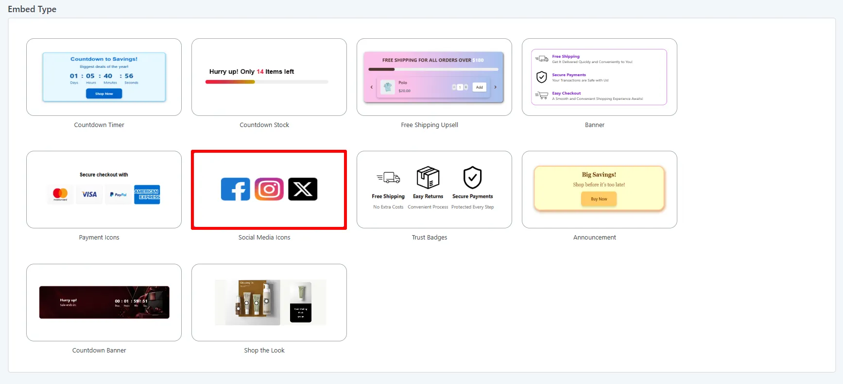 Embed Type gallery: the Social Media Icons tile selected
