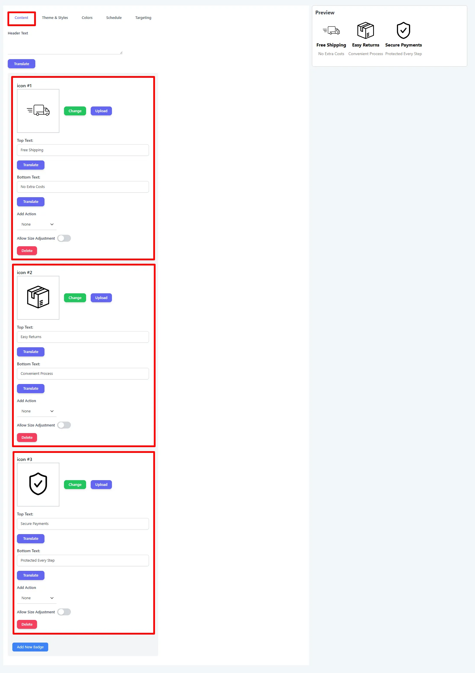 Content tab: three trust badges with top and bottom text