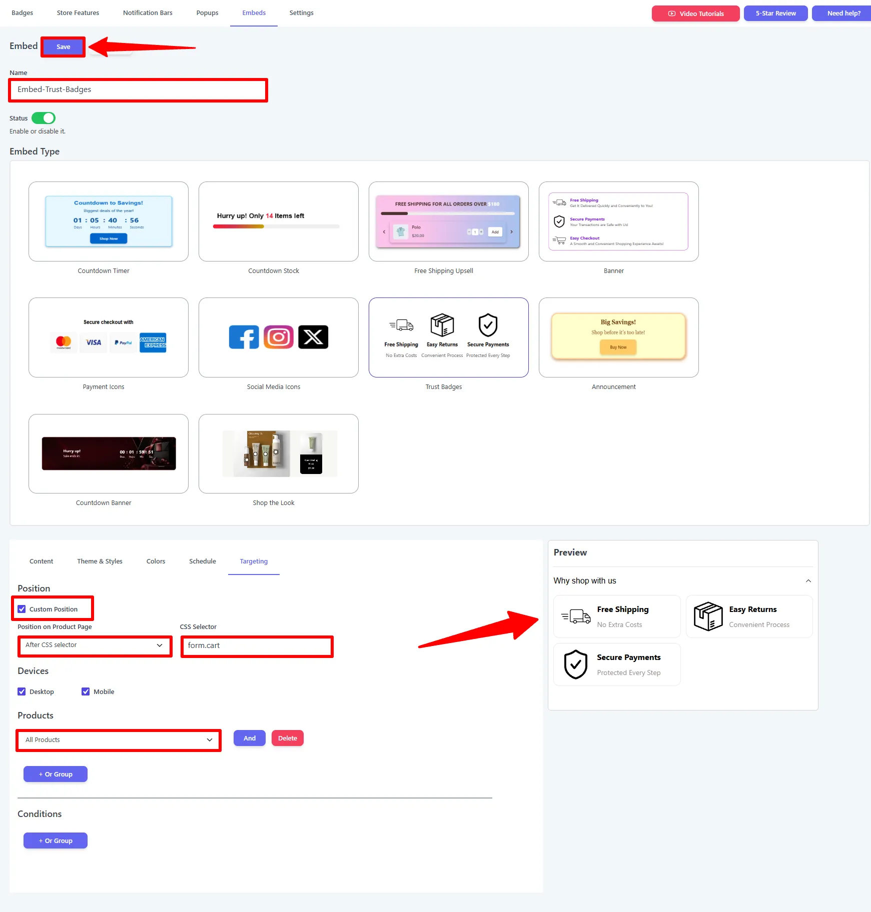 Targeting tab: Custom Position after form.cart, devices, and product rules