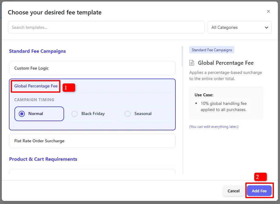 Choose your desired fee template - Global Percentage Fee