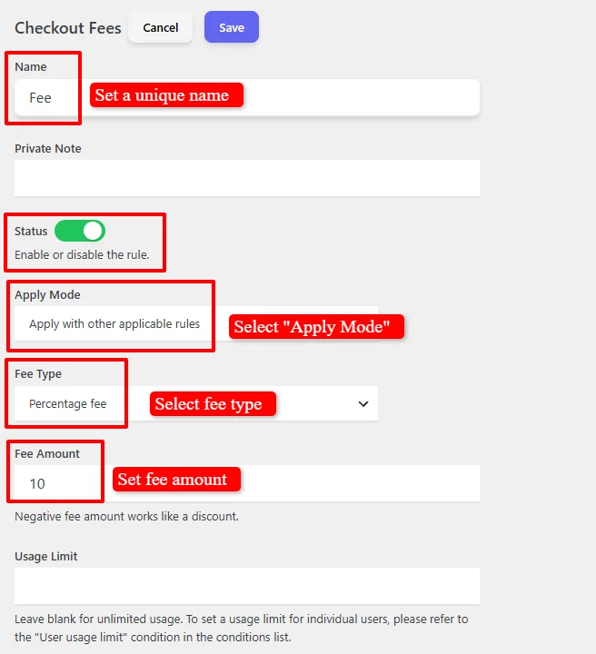 Configure Checkout Fee rule settings