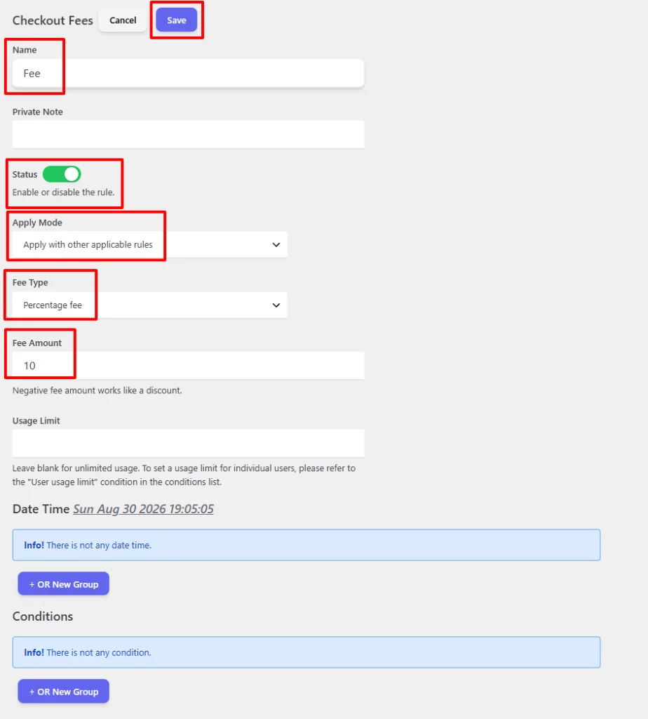 Checkout Fee rule full configuration