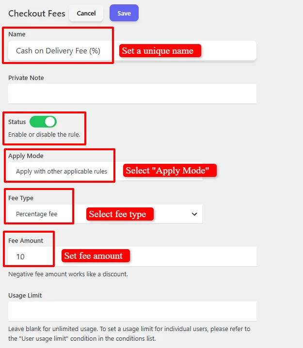 Configure Checkout Fee rule settings