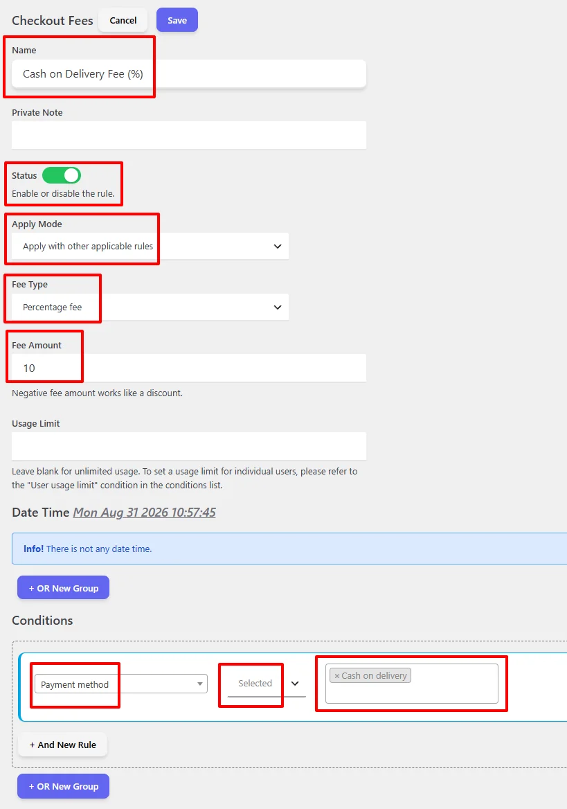 Full payment method fee rule configuration
