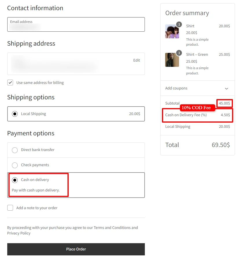 10% Cash on Delivery Fee applied in WooCommerce checkout