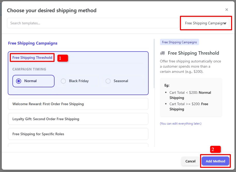 Free Shipping Threshold template selection