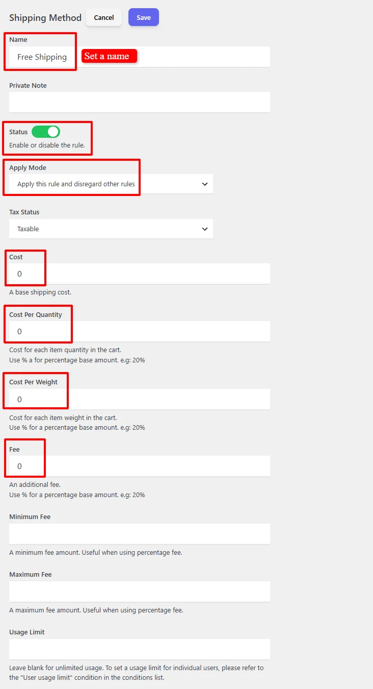Free Shipping configuration