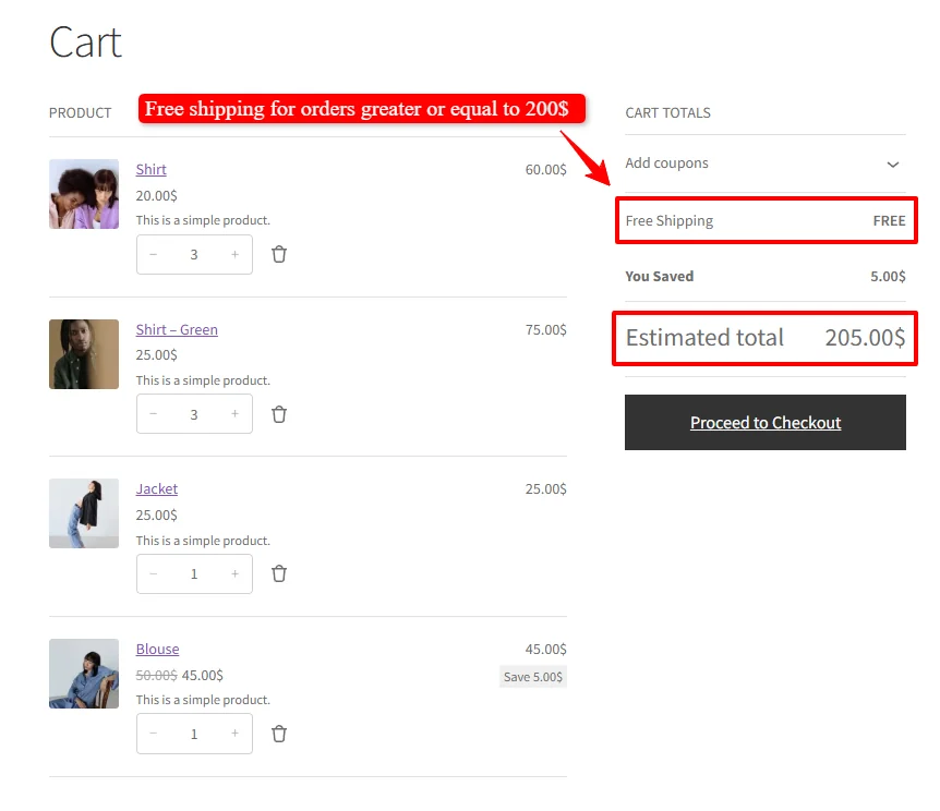 Free shipping applied in cart