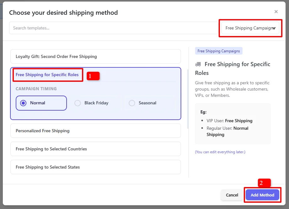 Free Shipping for Specific Roles template selection