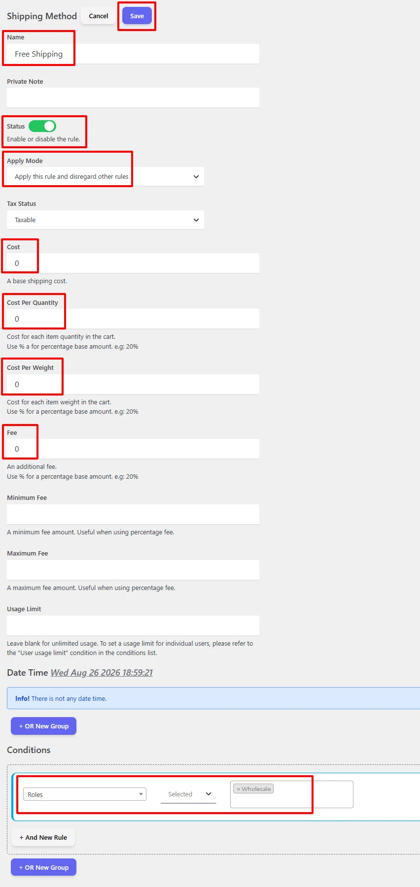 Free Shipping for User Roles full configuration