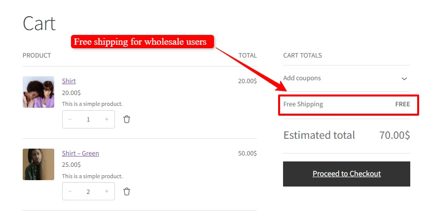 Free shipping for wholesale users applied in cart