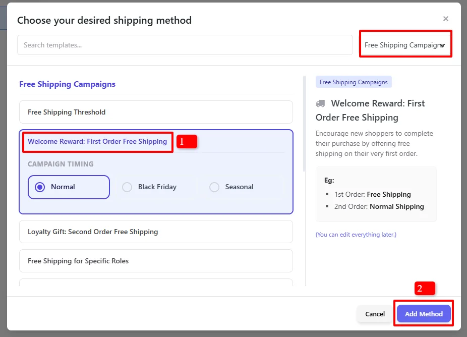 First Order Free Shipping template selection