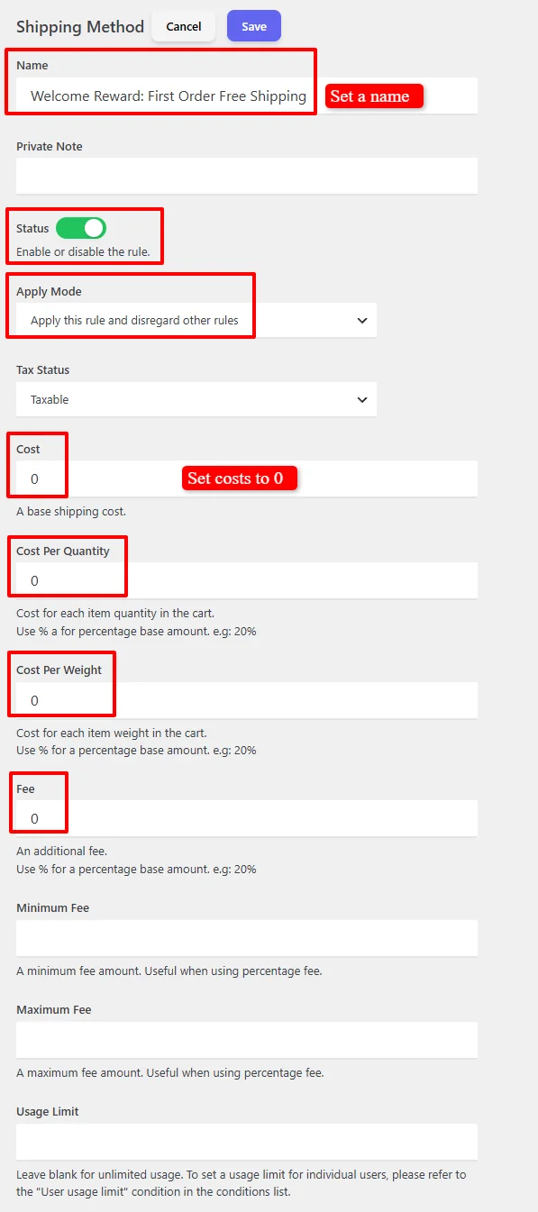 First Order Free Shipping configuration