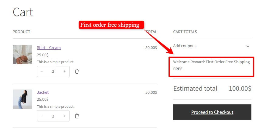 First order free shipping applied in cart