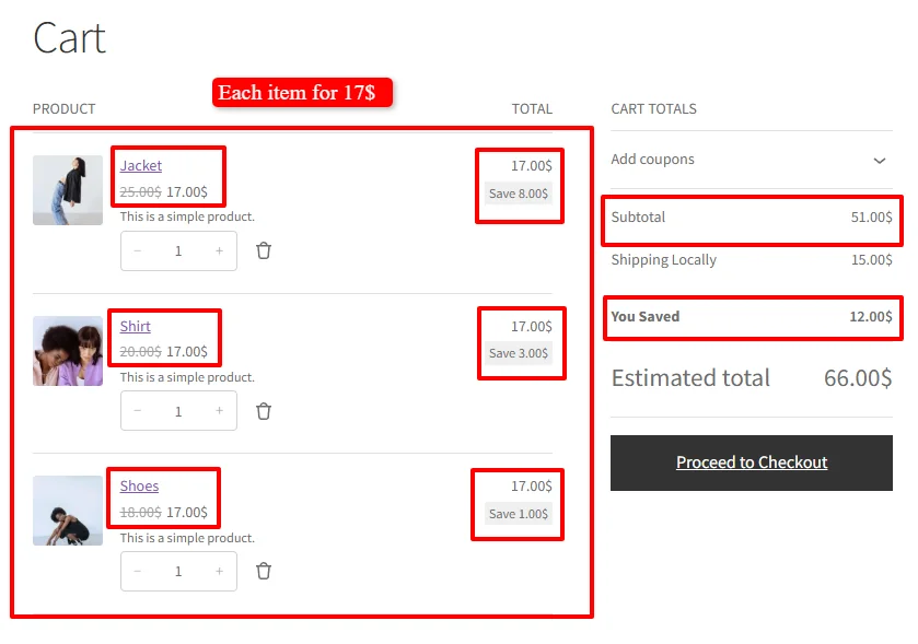 Each item for $17 in cart