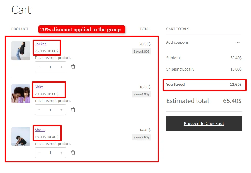 20% discount applied to the group in cart