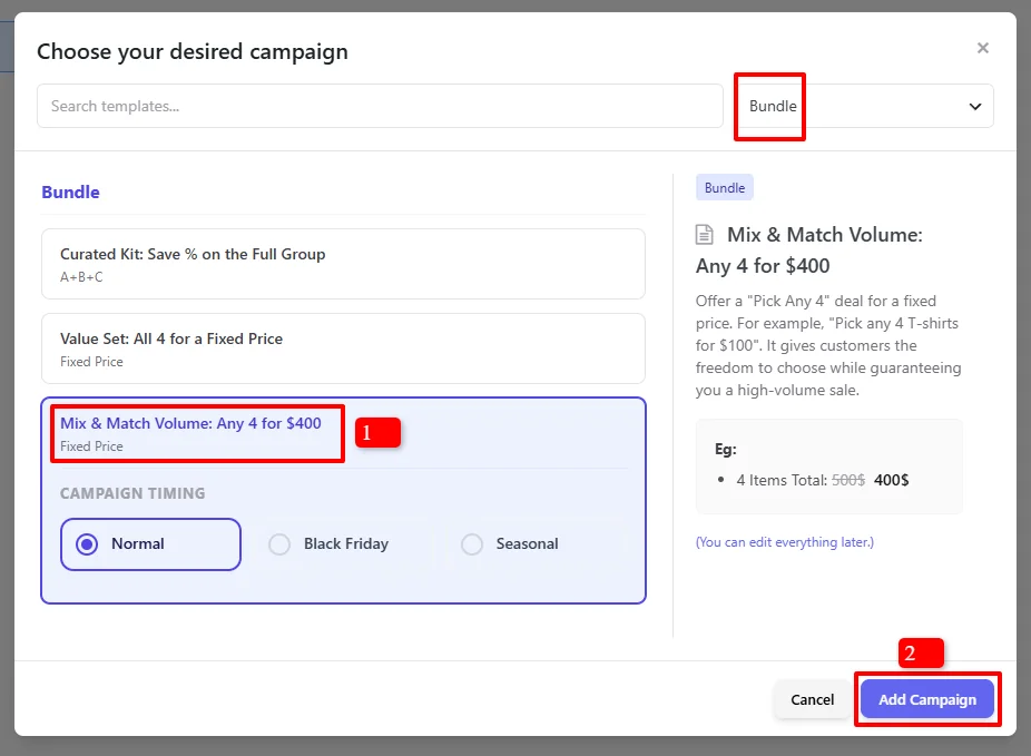 Mix & Match template selection