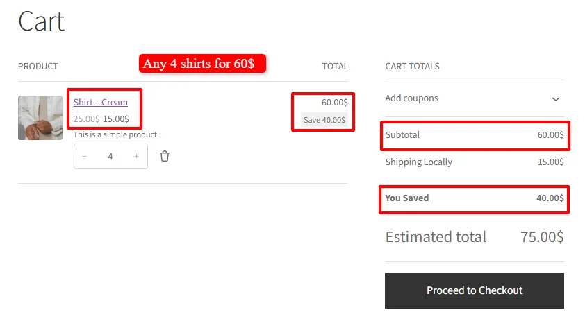 Any 4 shirts for $60 in cart