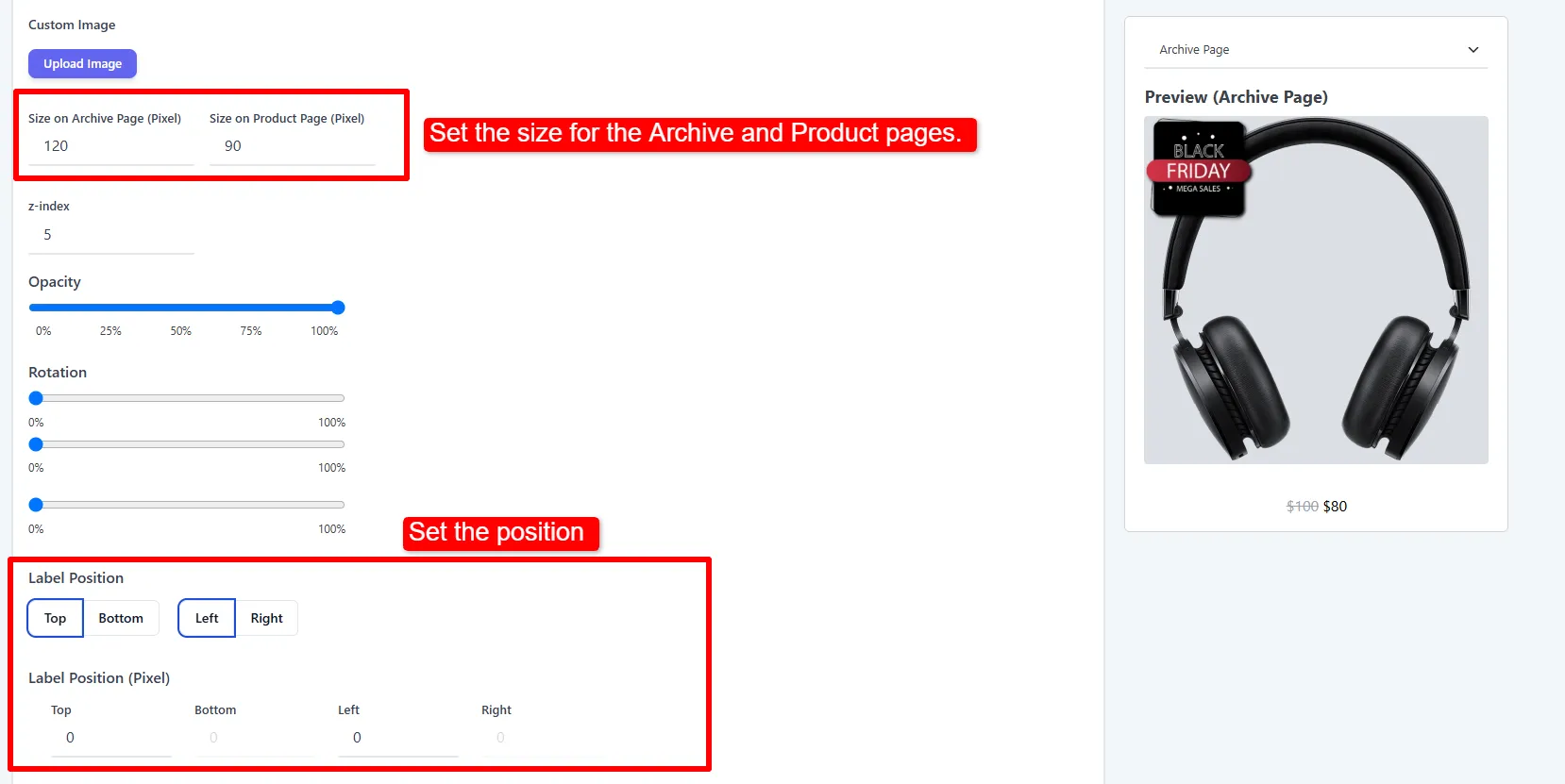 Image label position and size controls