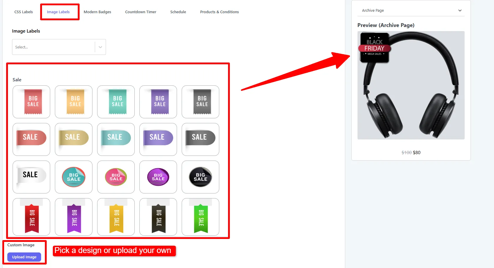Image label library and upload button