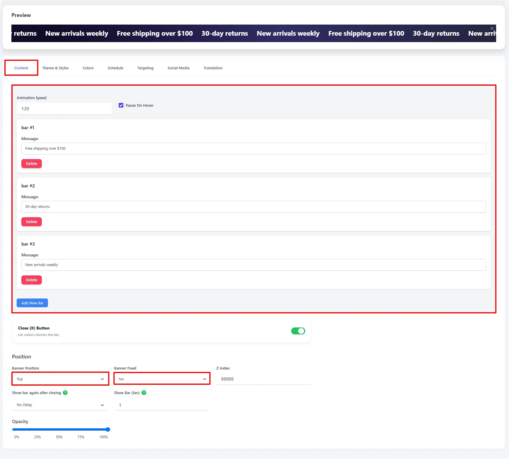 Infinity Bar Content tab: animation speed, pause on hover, and three scrolling messages