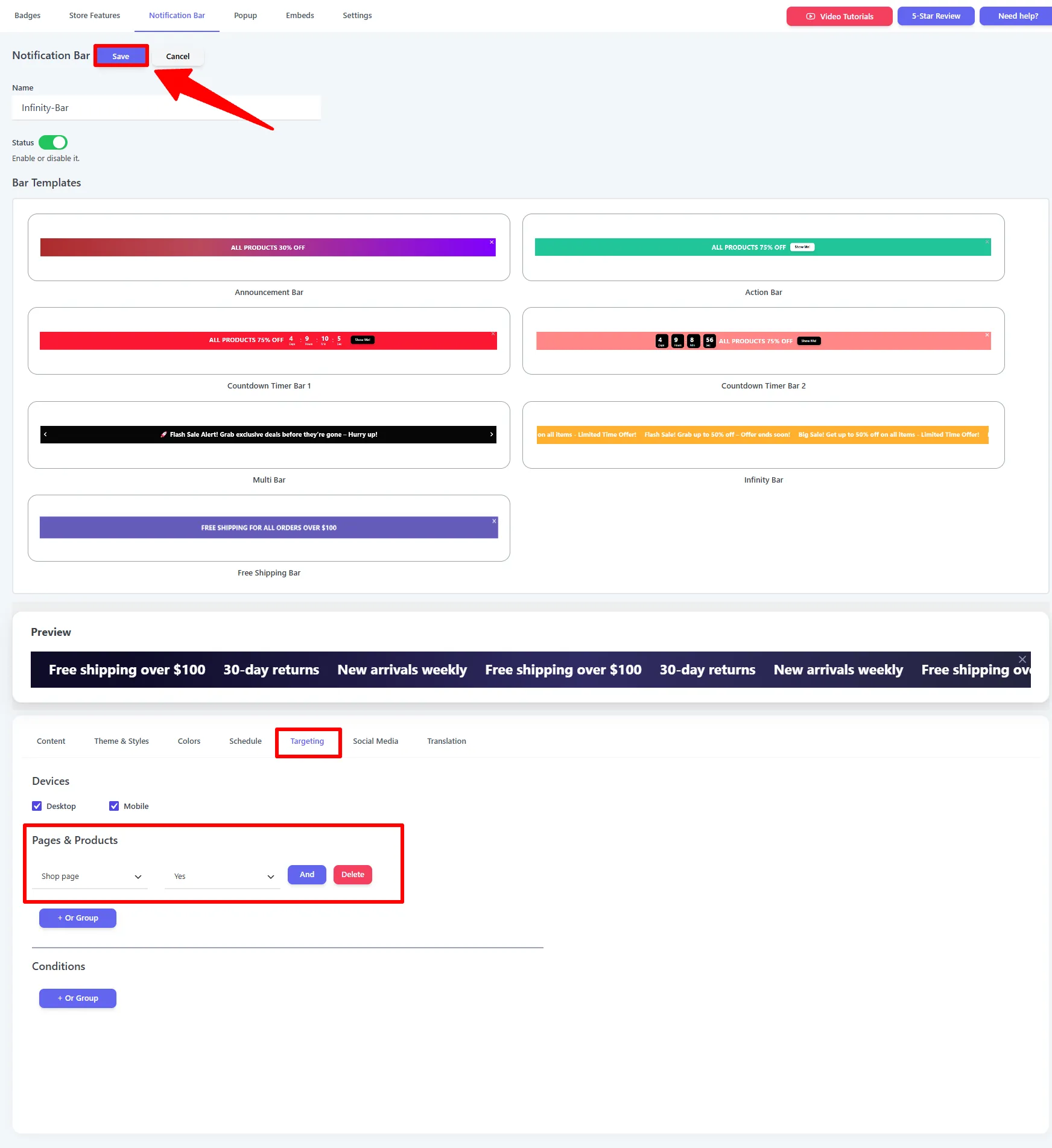 Infinity Bar Targeting tab: devices and a Shop page rule