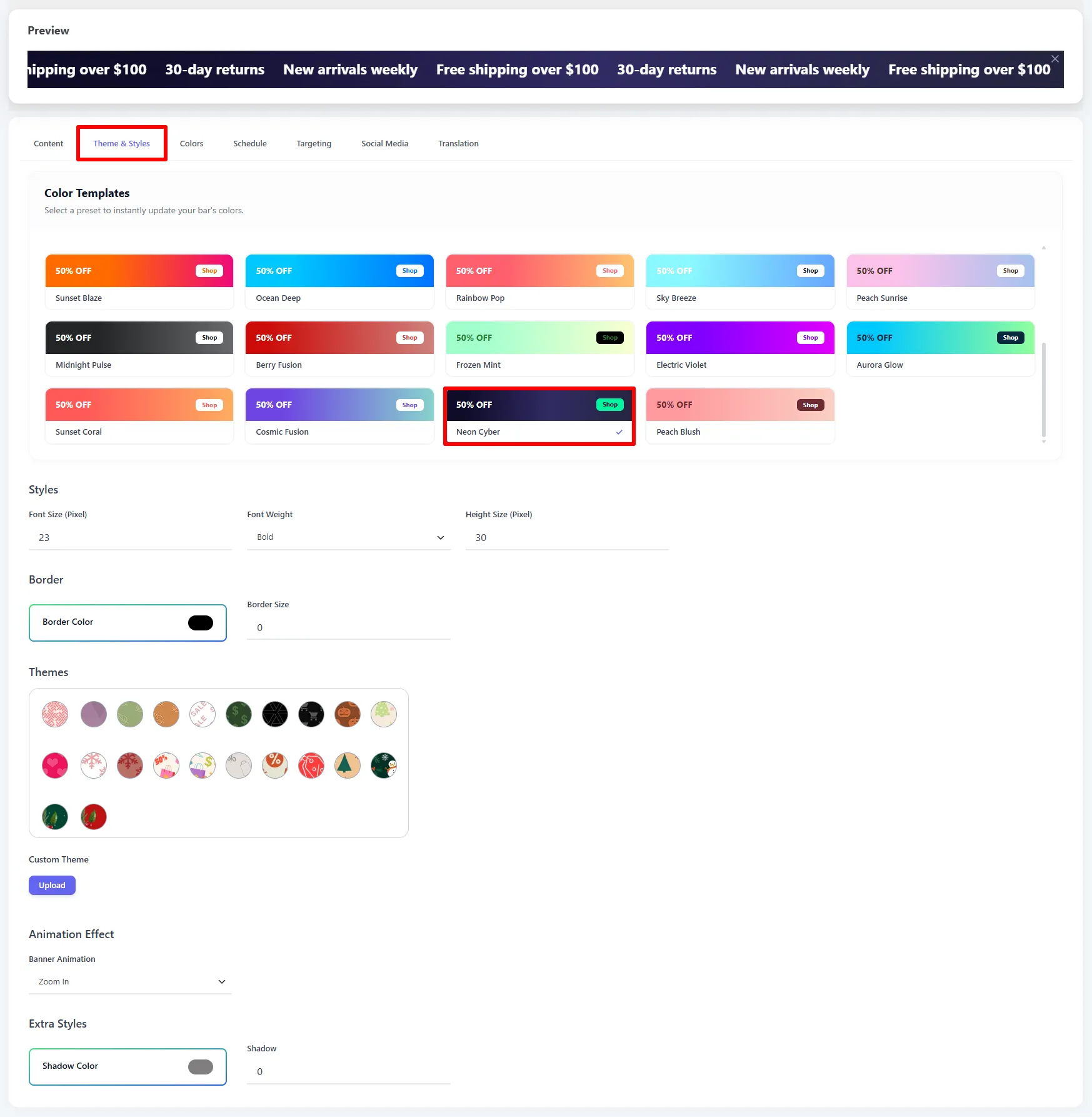 Infinity Bar Theme & Styles tab: color templates, font, height, and animation