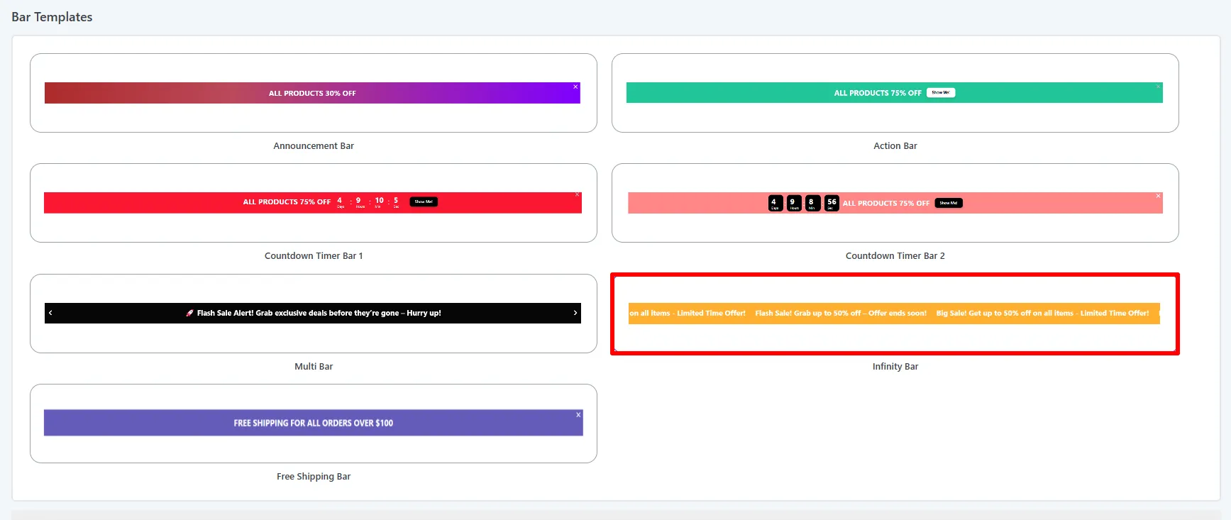 Bar Templates gallery: the Infinity Bar template selected