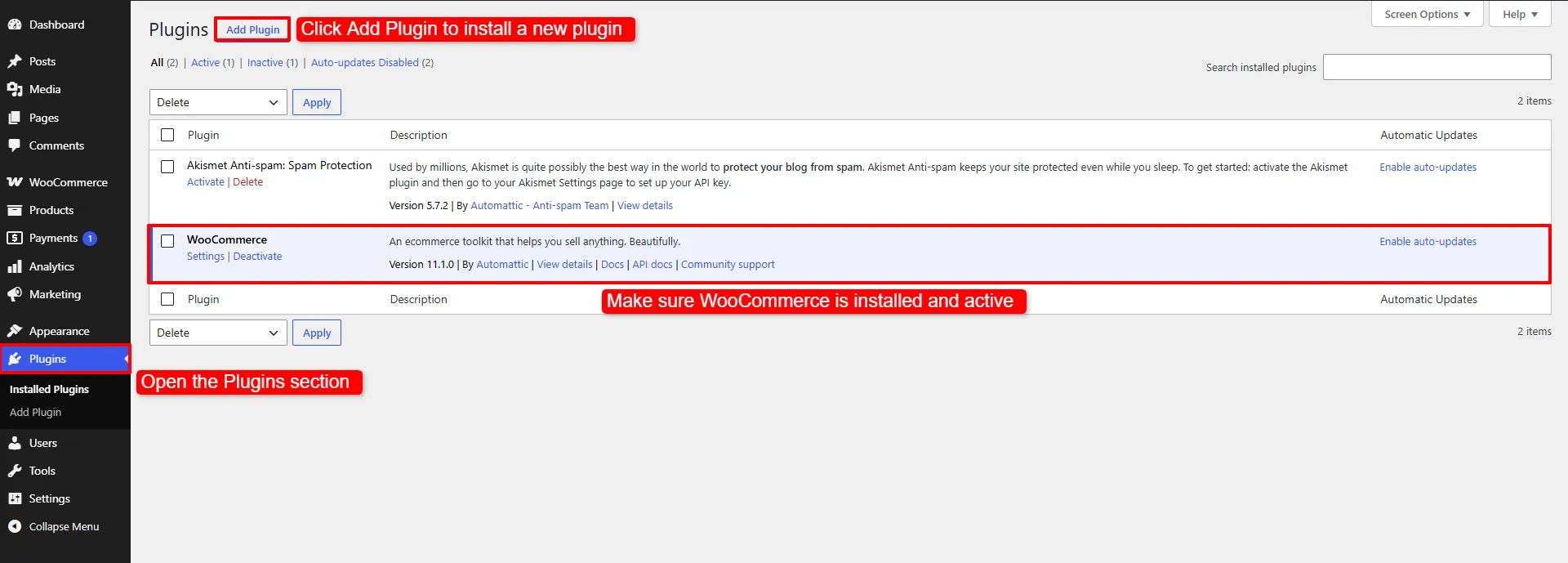 The WordPress Plugins screen with WooCommerce active and the Add Plugin button highlighted