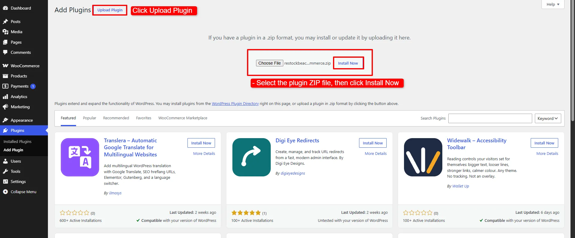 The Add Plugins screen with the upload form and the plugin zip selected