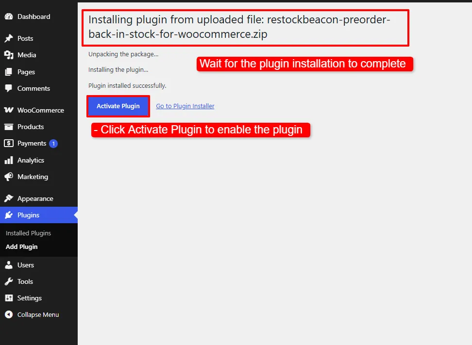 WordPress installing the plugin from the uploaded zip, with the Activate Plugin button