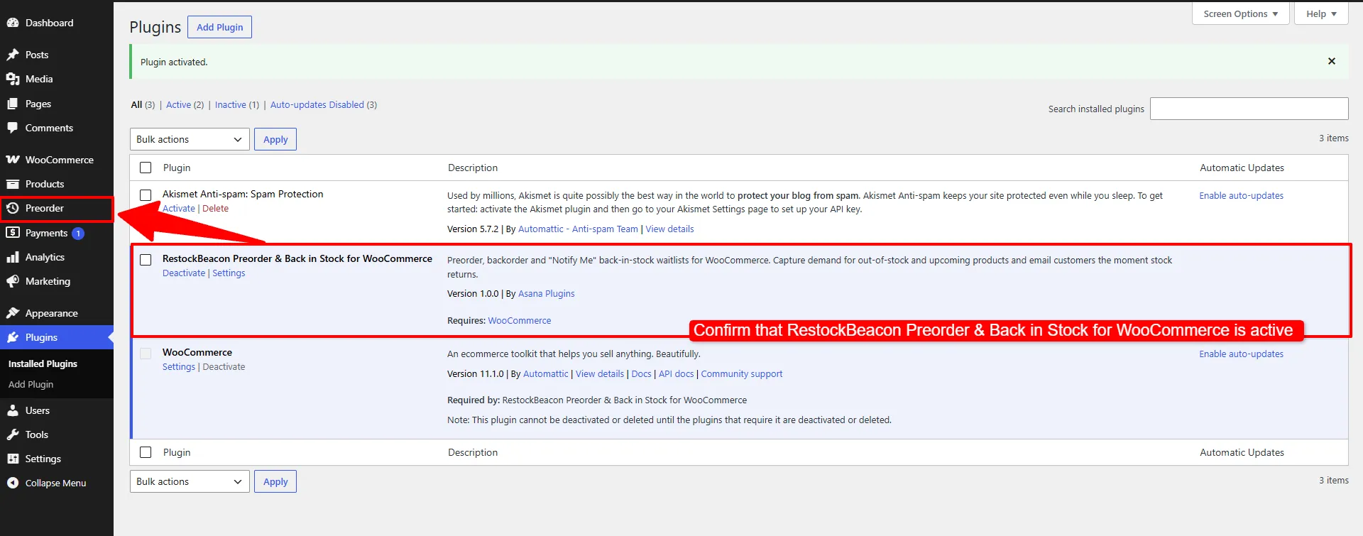 The Plugins screen showing RestockBeacon active and the new Preorder menu in the sidebar