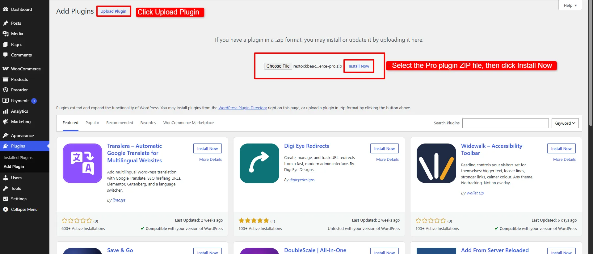 The Add Plugins upload form with the Pro plugin zip selected
