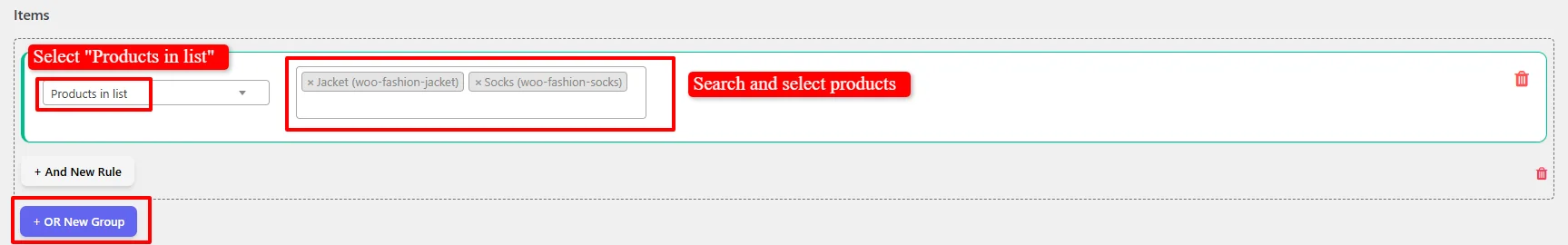 Select products for manual coupon