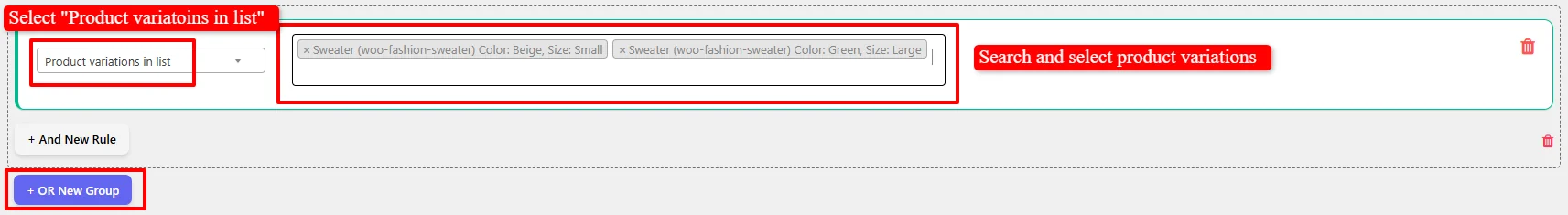 Select variations for manual coupon