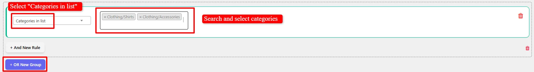 Select categories for manual coupon