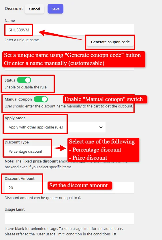 Manual coupon configuration