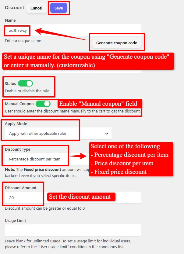 Manual coupon on products configuration