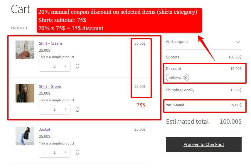 Manual coupon on selected items applied