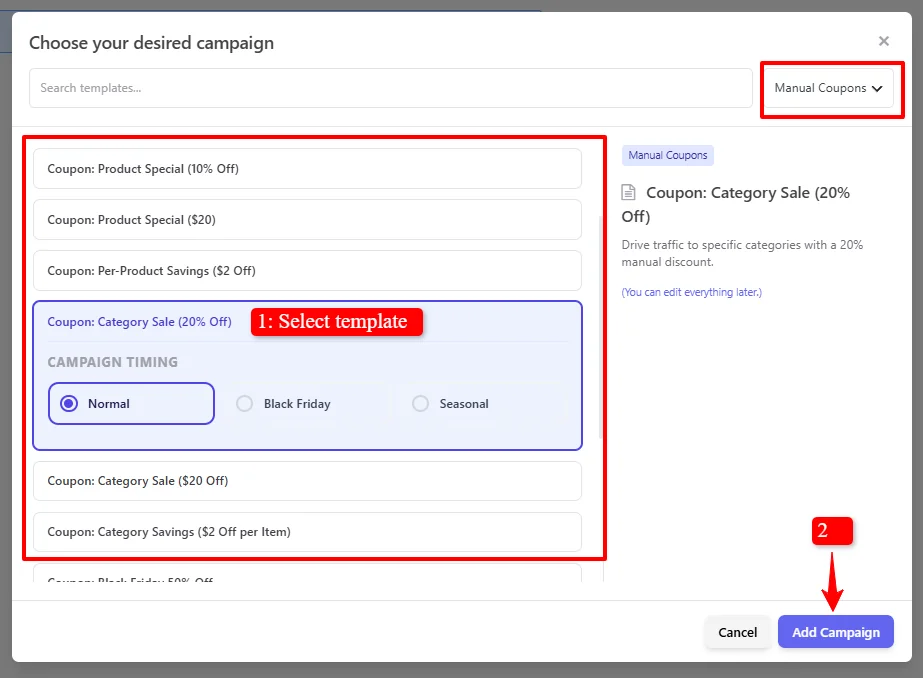 Manual Coupon targeted templates