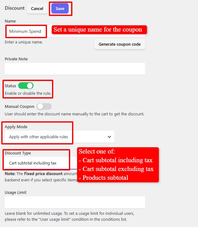 Minimum Spend discount configuration
