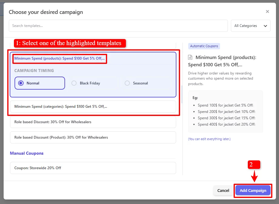 Minimum Spend on products template